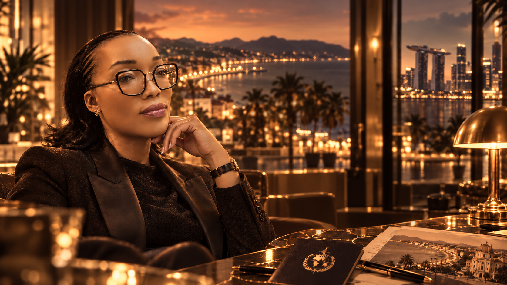 Aminata Yemaya in einem eleganten Büro mit Blick auf eine Küstenstadt